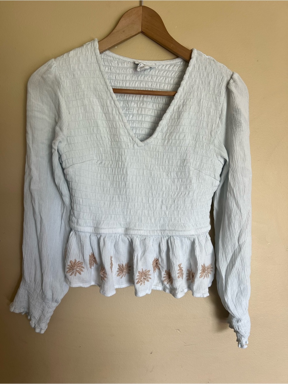Japna Light Blue Long-Sleeve Peplum Top with Tan Floral Embroidery